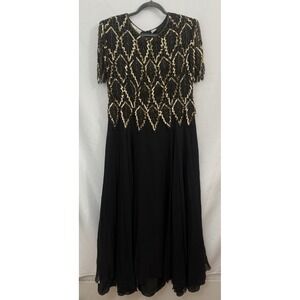 VTG‎ Laurence Kazar 100% Silk Black Gold Beaded Gown Womens Size XL *FLAWS*